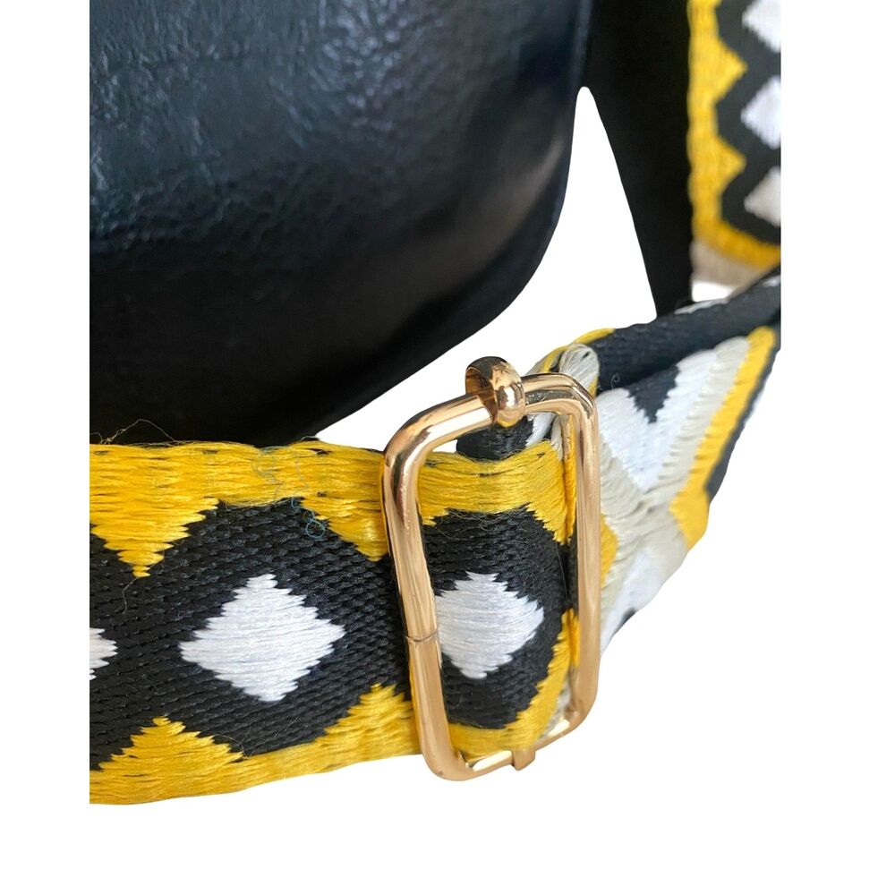 AhDorned Black Vegan Messenger Crossbody Yellow Geometric Guitar Style Strap - Picture 7 of 12